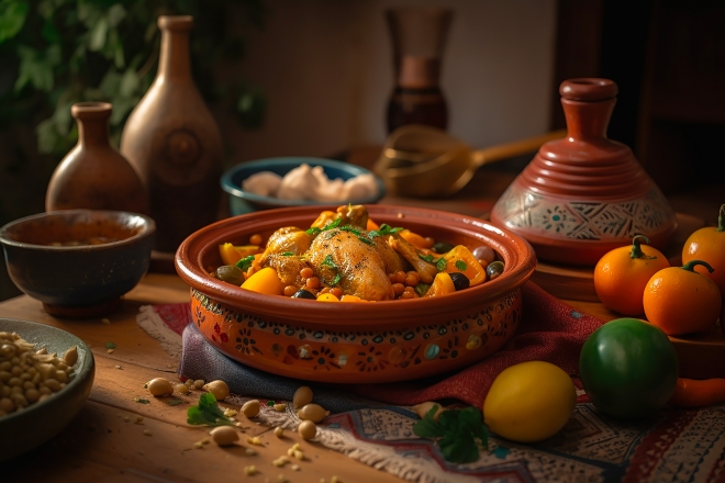 Tajine en terre émaillé, coucous marocain, tajine poulet