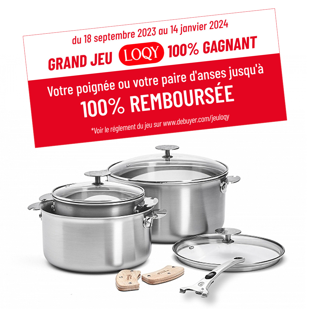 Set 2 casseroles 16 et 20cm + 1 faitout 24 cm Alchimy Loqy De Buyer + 3 couvercles verre + 2 anses + 1 manche