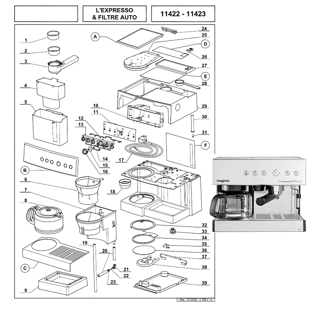 Pièce détachée DELONGHI VERSEUSE COTE FILTRE NOIRE COMPLETE