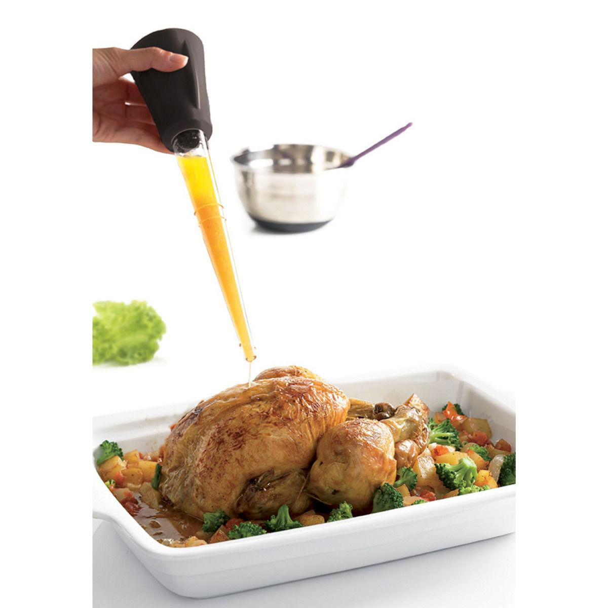 Poire à jus précise et ergonomique inox 2 embouts + goupillon