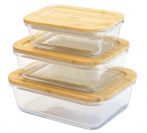 140x126 - Set de 3 Boîtes Empilables en Verre Couvercle Bambou Pebbly