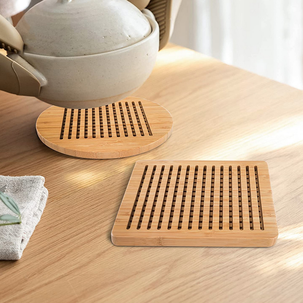 Dessous De Plat En Bois Pliables 4 Pièces + Support Sapin - Isolants Pour Plats Chauds, Théière, Poêle